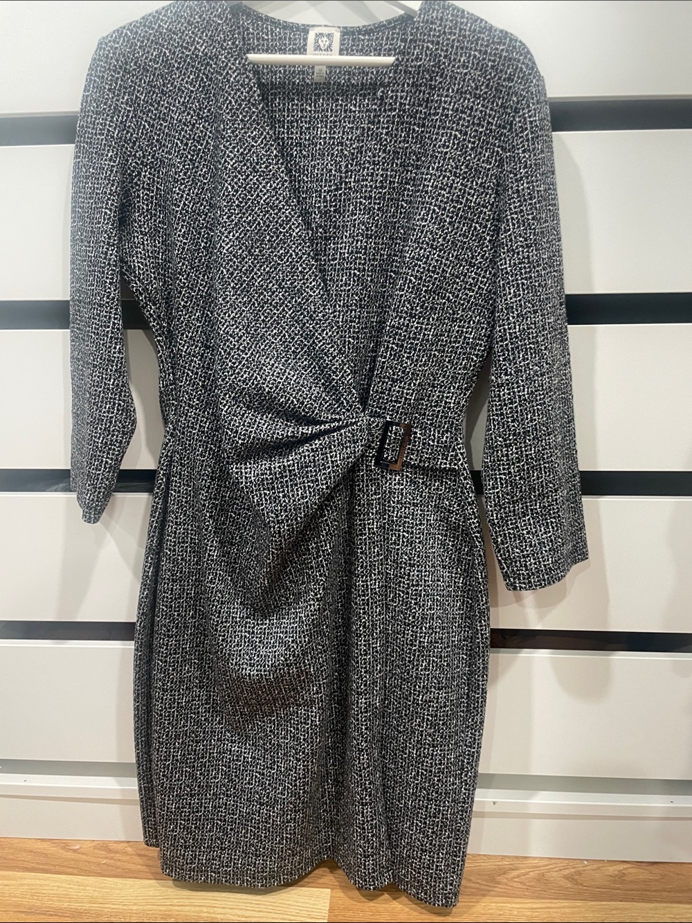 Anne Klein Black and White Textured Twist-Waist Midi Dress